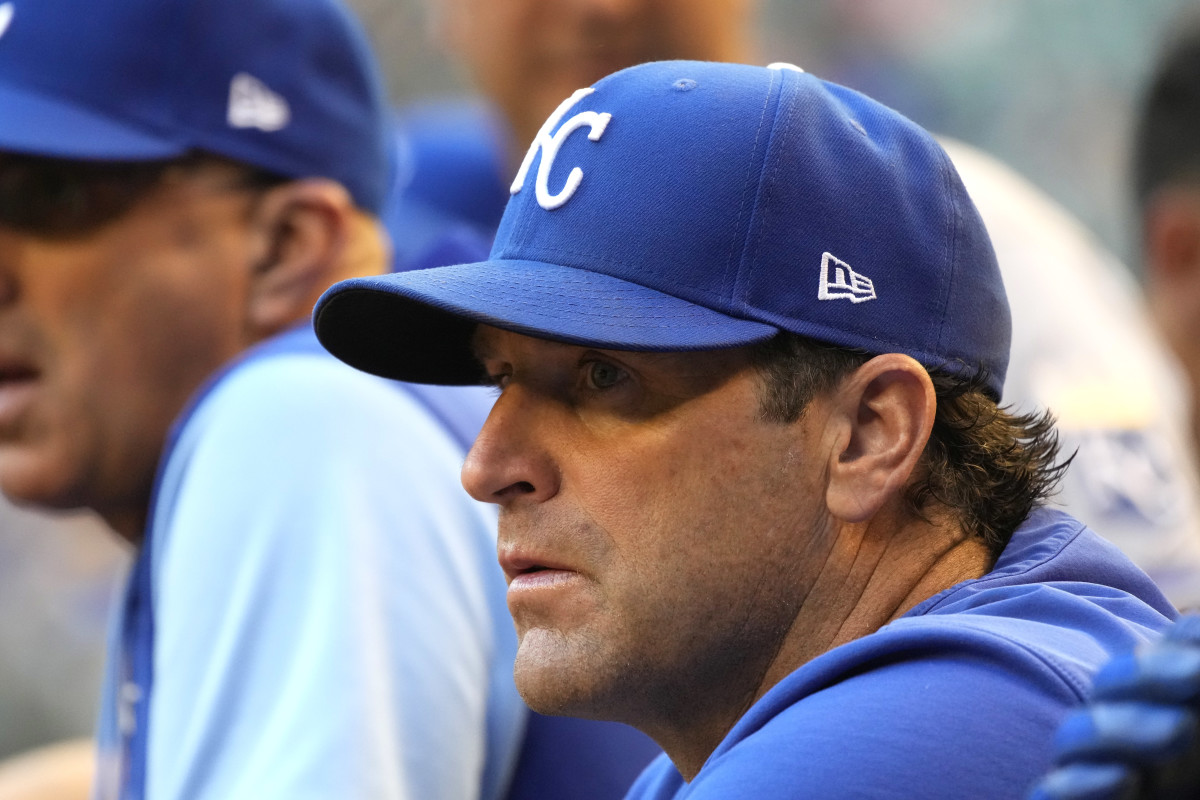May 24, 2022; Phoenix, Arizona, USA; Kansas City Royals manager Mike Matheny (22) watches from the dugout during the first inning against the Arizona Diamondbacks at Chase Field. Mandatory Credit: Rick Scuteri-USA TODAY Sports